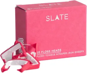 Slate Flosser Refills - 20 Pink Floss Heads | Reusable Woven Floss, Floss Without PFAS & Unwaxed Dental Floss | Slate Flosser Floss Refill | Includes Tongue Scraper & Gum Scraper