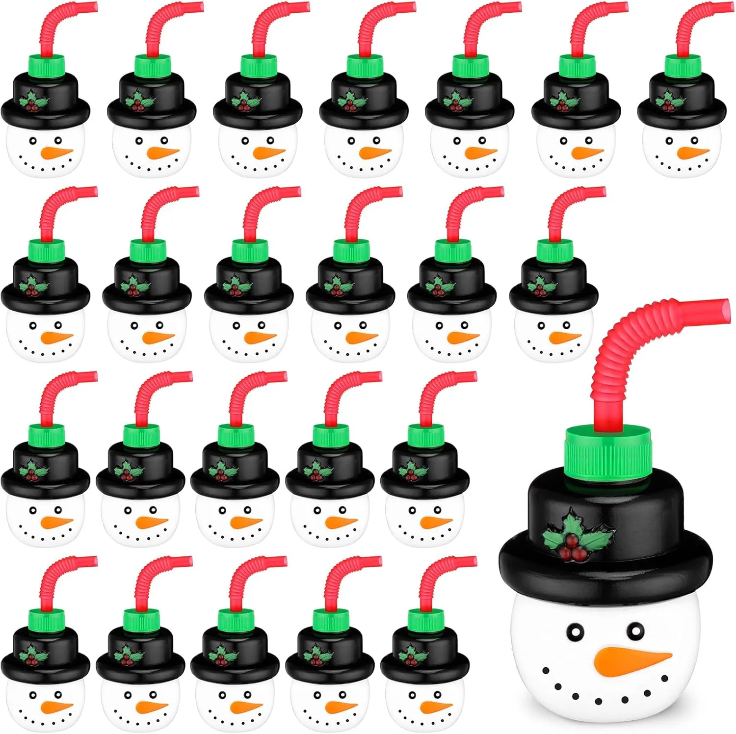 Sliner 24 Pcs Christmas Cups Gift for Kids Reusable Plastic Cups Set with Lid and Straw Christmas Coffee Tumblers for Boys Girls Xmas Gifts Birthday Holiday Favor Party Supplies(Snowman)