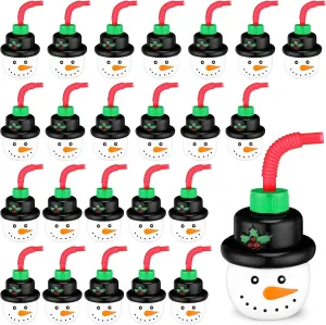 Sliner 24 Pcs Christmas Cups Gift for Kids Reusable Plastic Cups Set with Lid and Straw Christmas Coffee Tumblers for Boys Girls Xmas Gifts Birthday Holiday Favor Party Supplies(Snowman)