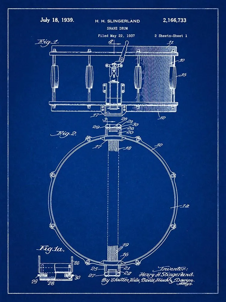 Slingerland Snare Drum Patent Blueprint-Style Art Print - 8x10 inch