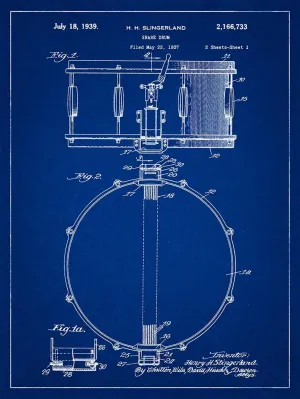 Slingerland Snare Drum Patent Blueprint-Style Art Print - 8x10 inch