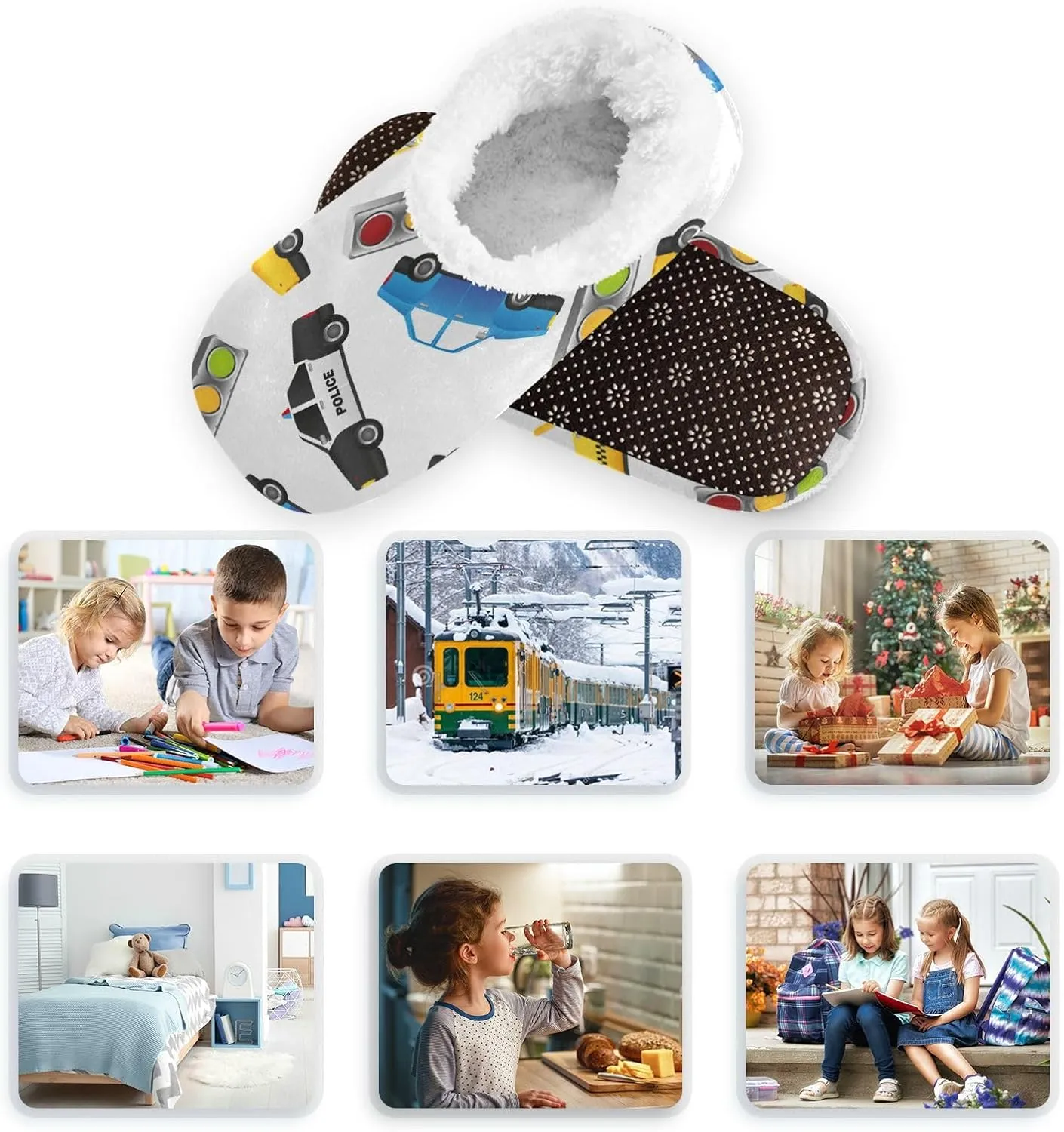 Small Police Cars Taxis Boys Girls House Slippers Traffic Lights Kids toddler Home Shoes Winter Indoor shoes XS