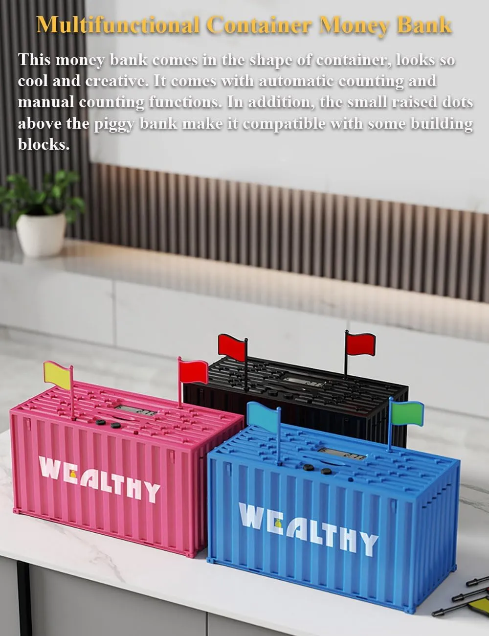 Smart Container Coin Bank, Container Shaped Piggy Bank Coin Counter Machine Automatic Recognition and Counting Money Bank with LCD Display (Blue)