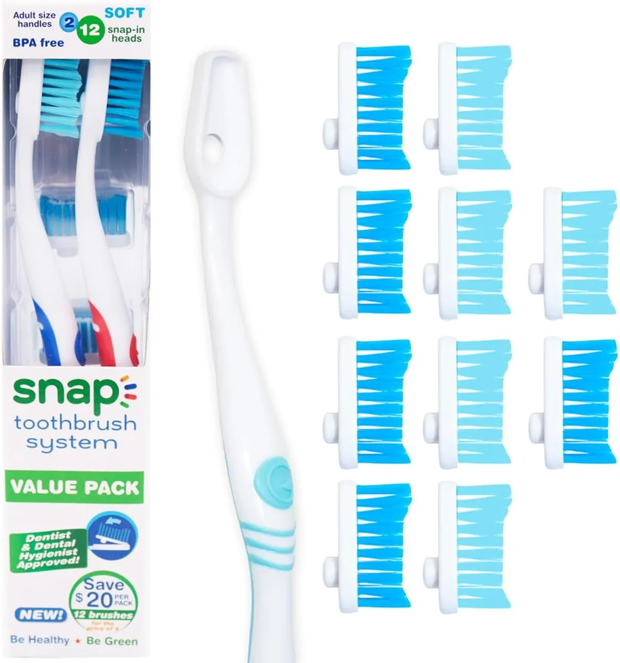 Snap Toothbrush System | 2-Pack   10 Bonus Brush Heads | Eco-Friendly Snap-On Replacement Heads | Adult Soft | Ultimate Oral Care Solution