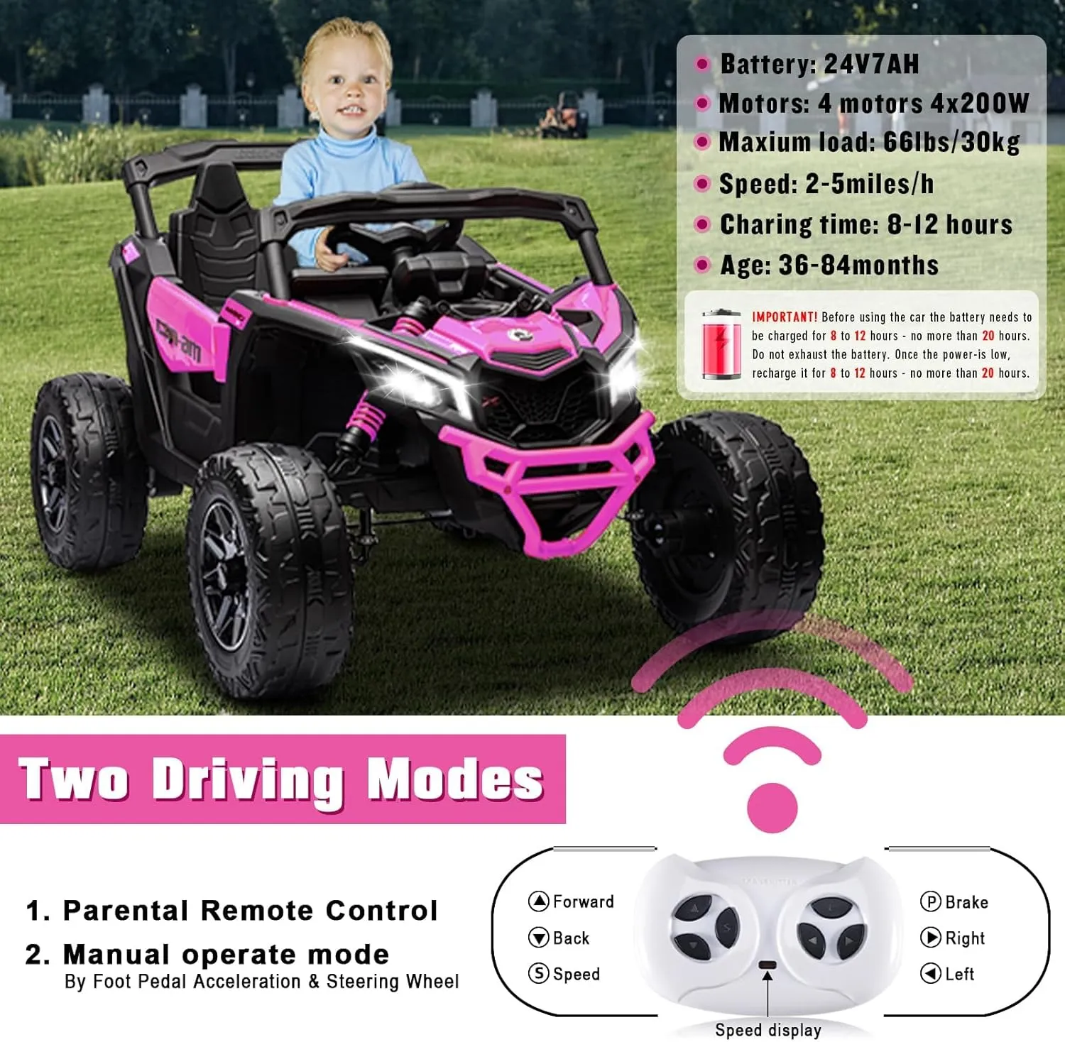 SOAR 24V Ride On Toys - Electric UTV for Kids, 2 Seats Remote Control, 4 Wheeler Quad Off-Road, 7AH Battery Power Wheels 2WD/4WD, Licensed Can-Am, Parental Mode