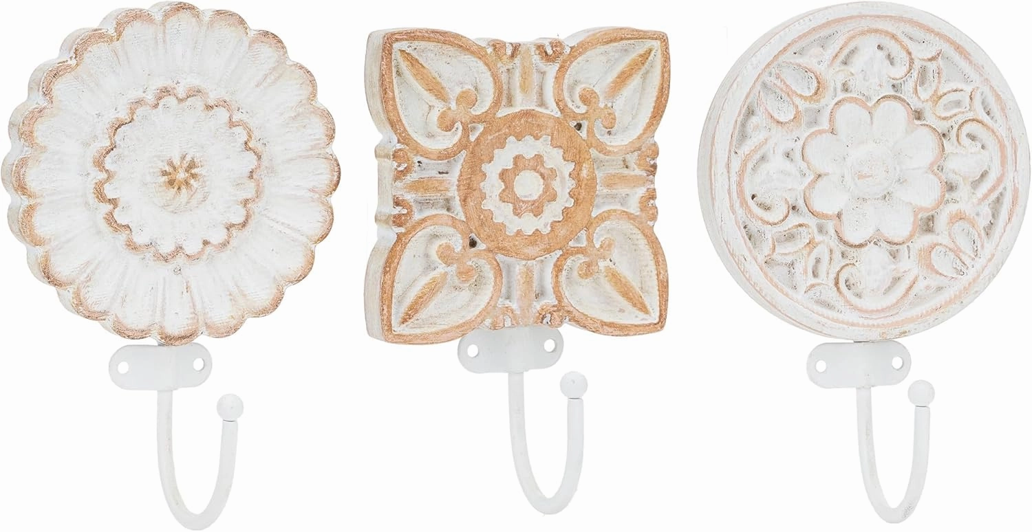 SOFFEE DESIGN Set of 3 Bohemia Coat Hooks, Wood Carving Pattern Design Retro Friction Process, High Load-Bearing, for Vocation House, Bohe Room