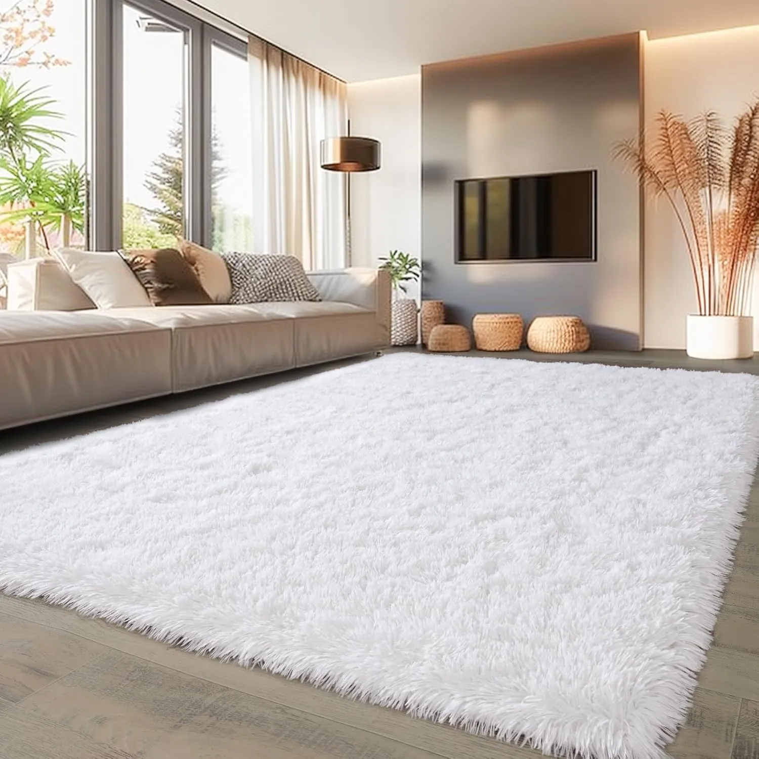Soft Fluffy Area Rug for Bedroom, Indoor Modern White Plush Shaggy Rugs 5x7 Feet, Non-Slip Fuzzy Shag Floor Carpet for Living Room, Throw Rugs for Home Decor