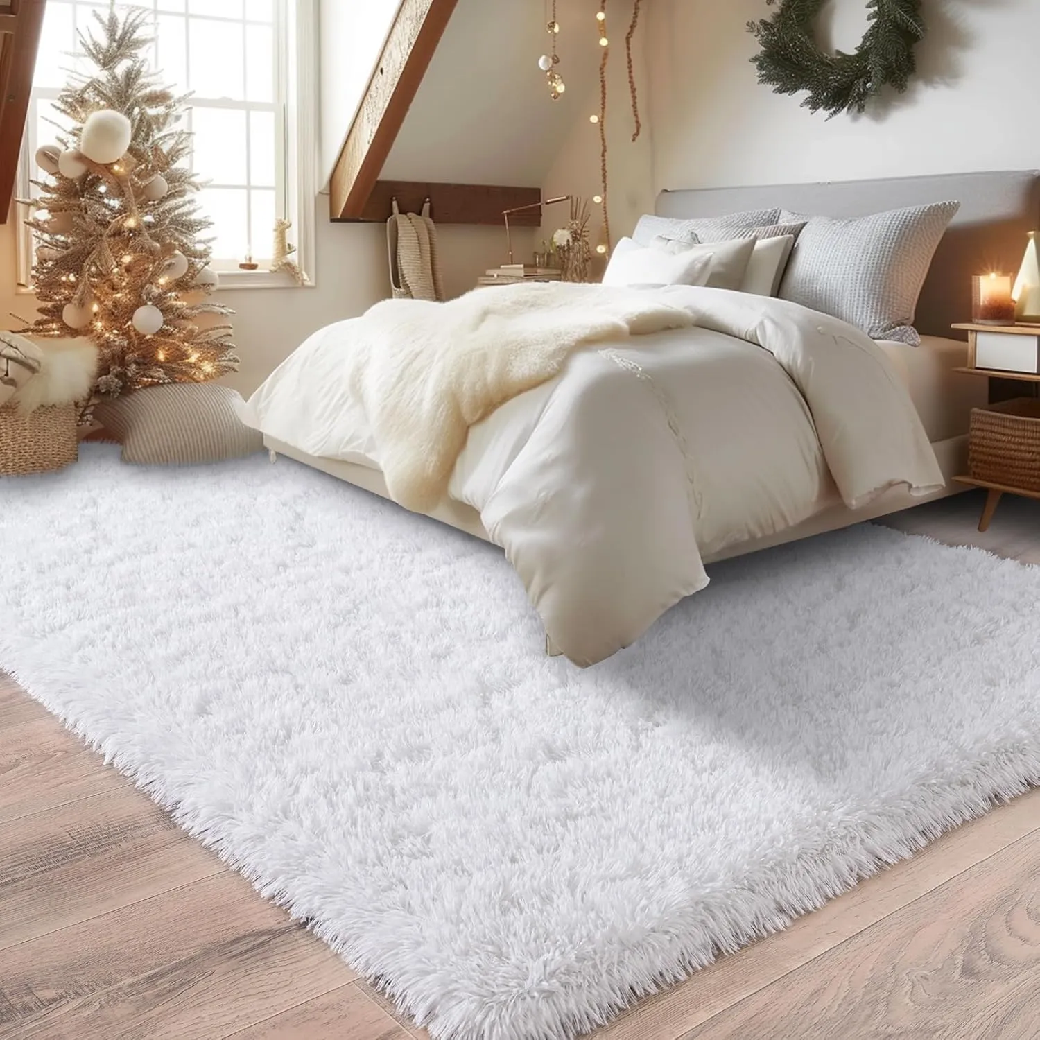 Soft Fluffy Area Rug for Bedroom, Indoor Modern White Plush Shaggy Rugs 5x7 Feet, Non-Slip Fuzzy Shag Floor Carpet for Living Room, Throw Rugs for Home Decor