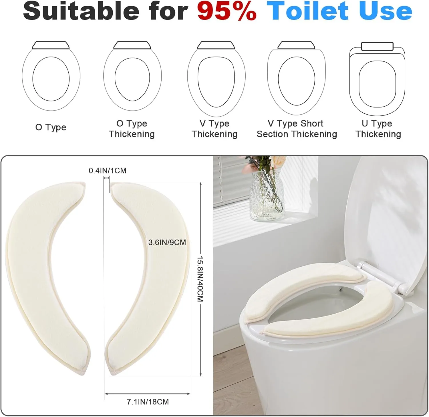 Soft Thicker Flannel Bathroom Toilet Seat Cover, 2 Pack Non Slip Warmer Comfortable Seat Cushions with Memory Foam, Easy Install with Self-Adhesive Tape, Reusable Toilet Lid Cover (Off-White,Navy)