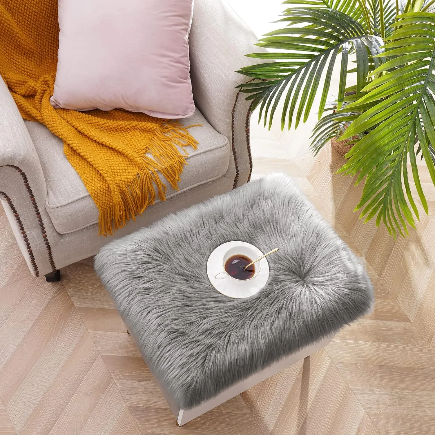 Softlife Grey Faux Fur Sheepskin Chair Cover 2 PCs Seat Cushion Pad Super Soft Area Rugs for Living Bedroom Sofa Dorm (1.6ft x 1.6ft)
