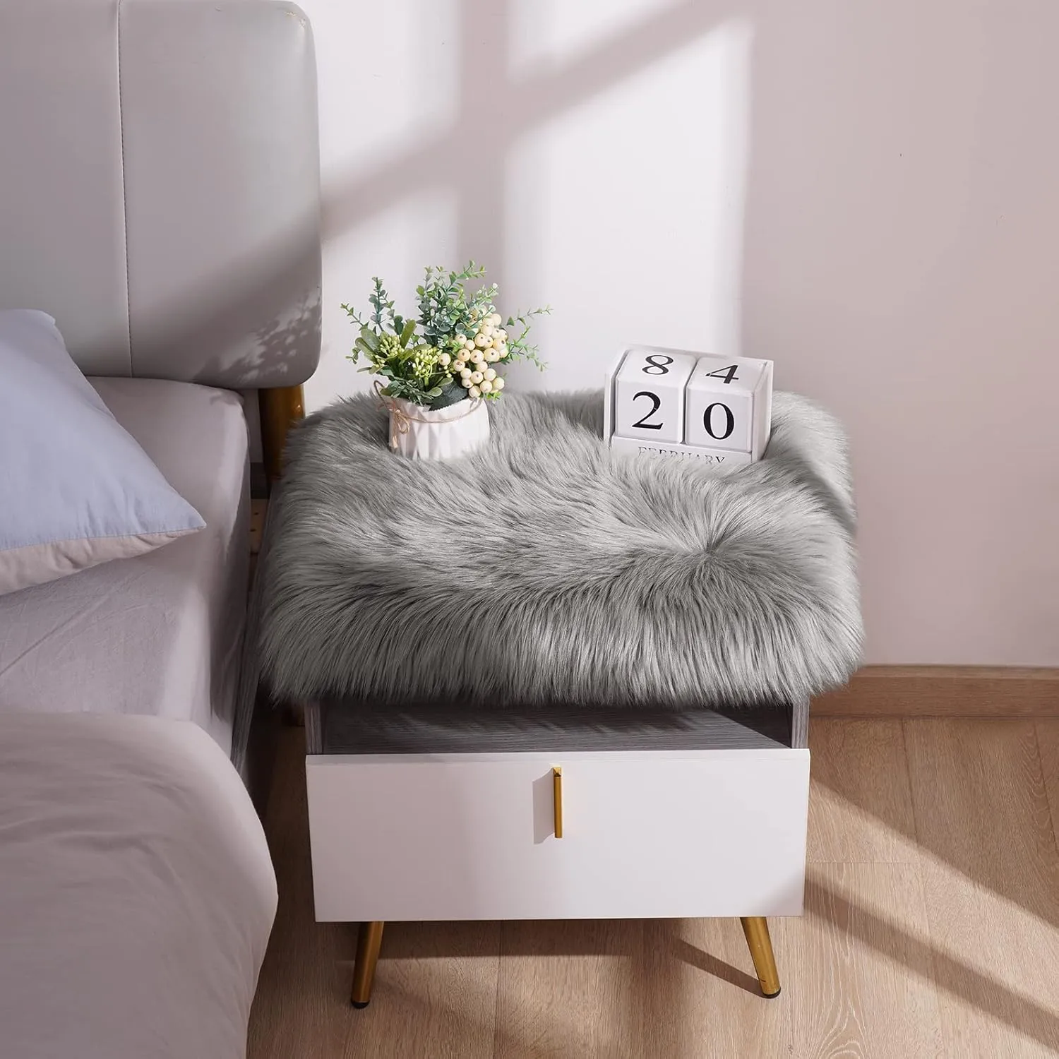 Softlife Grey Faux Fur Sheepskin Chair Cover 2 PCs Seat Cushion Pad Super Soft Area Rugs for Living Bedroom Sofa Dorm (1.6ft x 1.6ft)