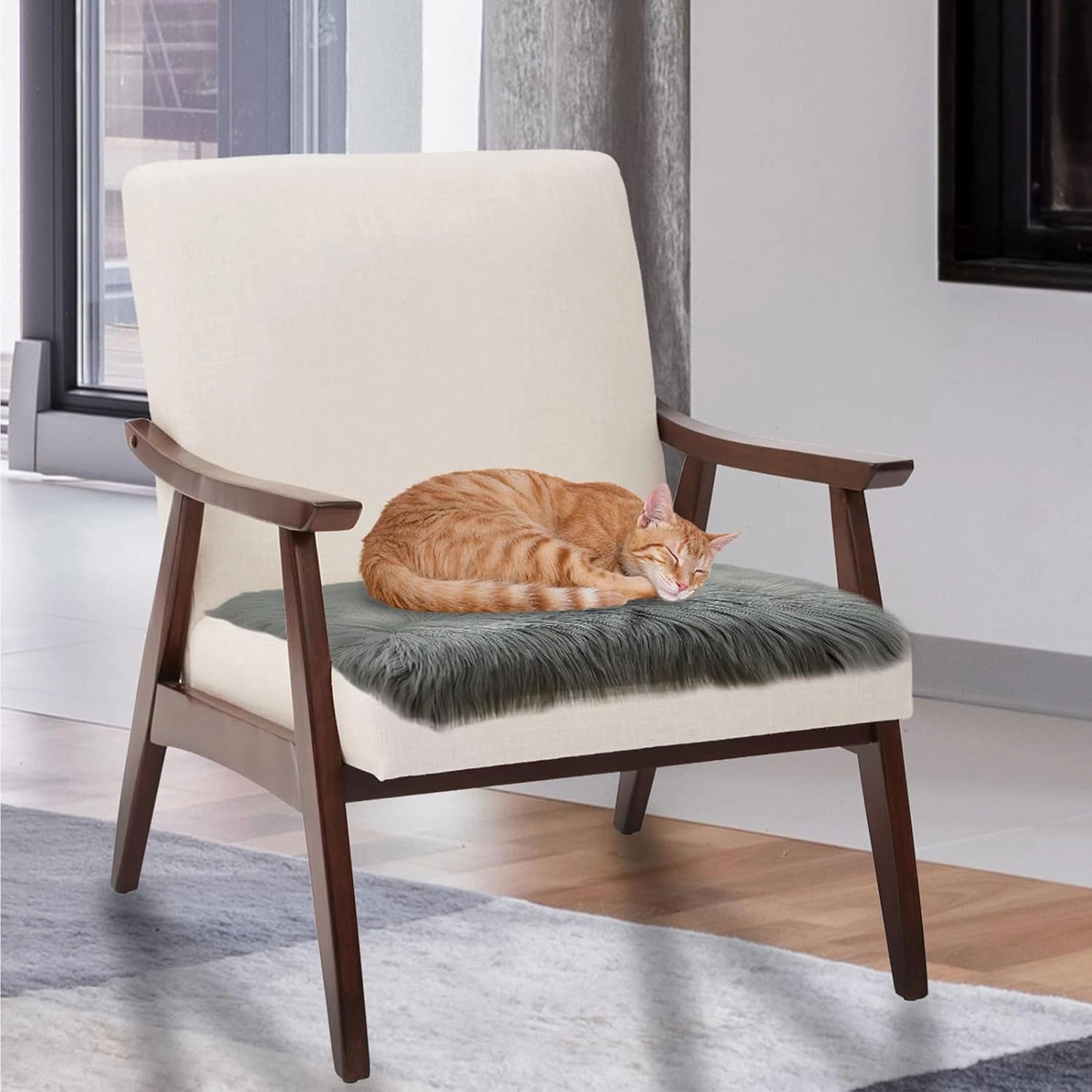 Softlife Grey Faux Fur Sheepskin Chair Cover Seat Cushion Pad Super Soft Area Rugs for Living Bedroom Sofa Dorm (1.6ft x 1.6ft)