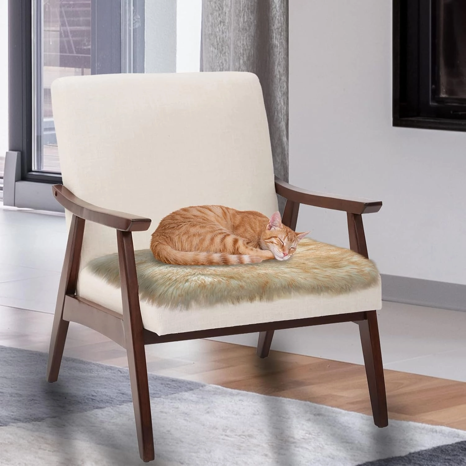 Softlife Square Faux Fur Sheepskin Chair Cover Seat Cushion Pad Super Soft Area Rugs for Living Bedroom Sofa (1.6ft x 1.6ft, White-Brown Tip) 1 pack
