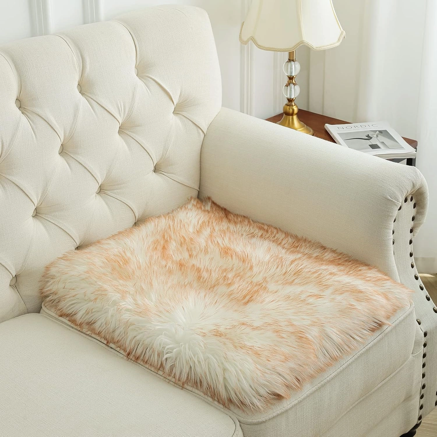 Softlife Square Faux Fur Sheepskin Chair Cover Seat Cushion Pad Super Soft Area Rugs for Living Bedroom Sofa (1.6ft x 1.6ft, White-Brown Tip) 1 pack