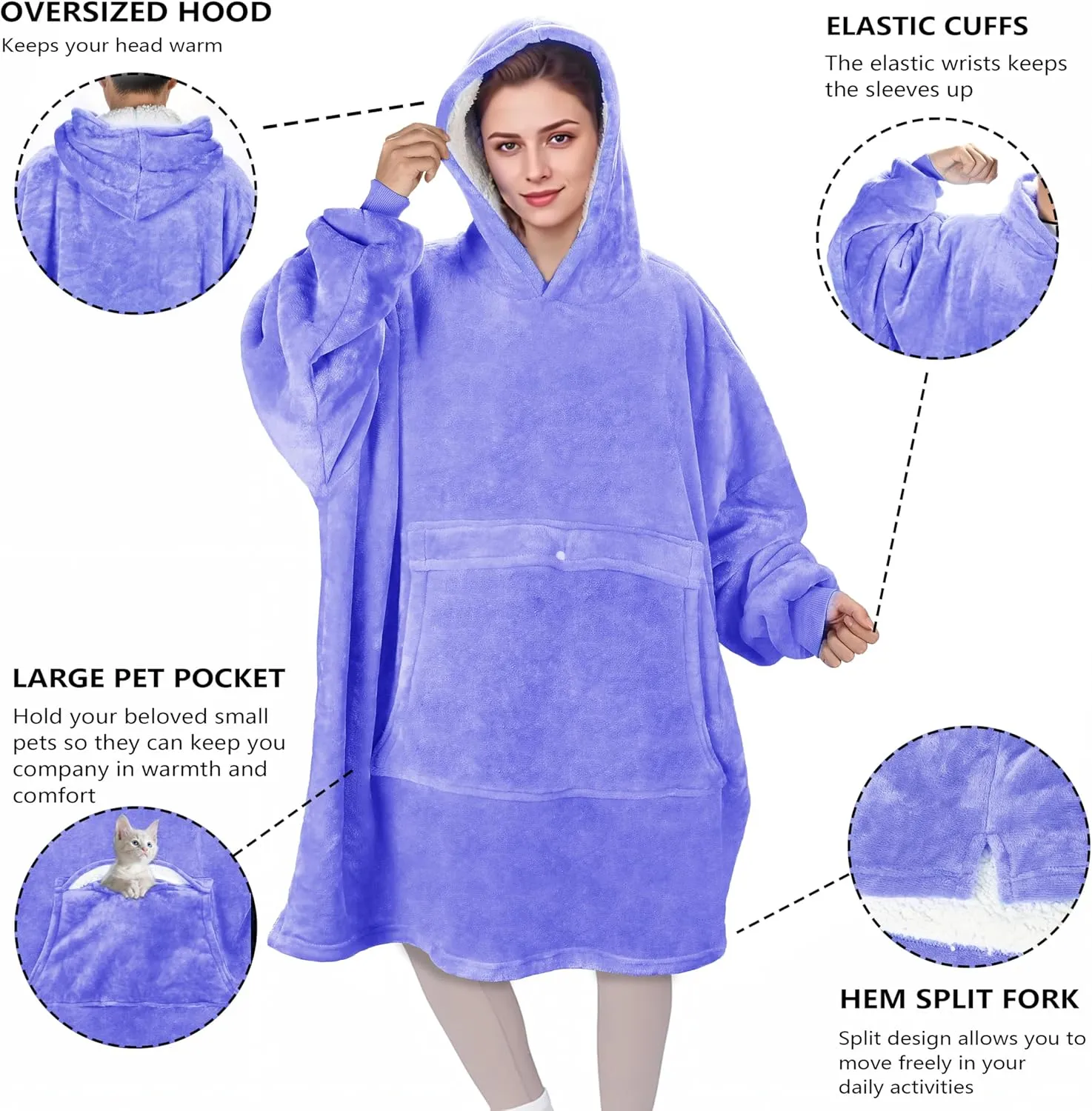 Solaris Oversized Wearable Blanket Hoodie with Pet Pocket, Warm Super Soft Cozy Sherpa Sweatshirt Hoodie for Women Men, Best Gift for Your Loves, Purple