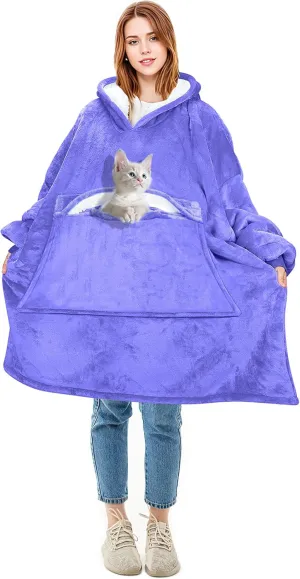 Solaris Oversized Wearable Blanket Hoodie with Pet Pocket, Warm Super Soft Cozy Sherpa Sweatshirt Hoodie for Women Men, Best Gift for Your Loves, Purple