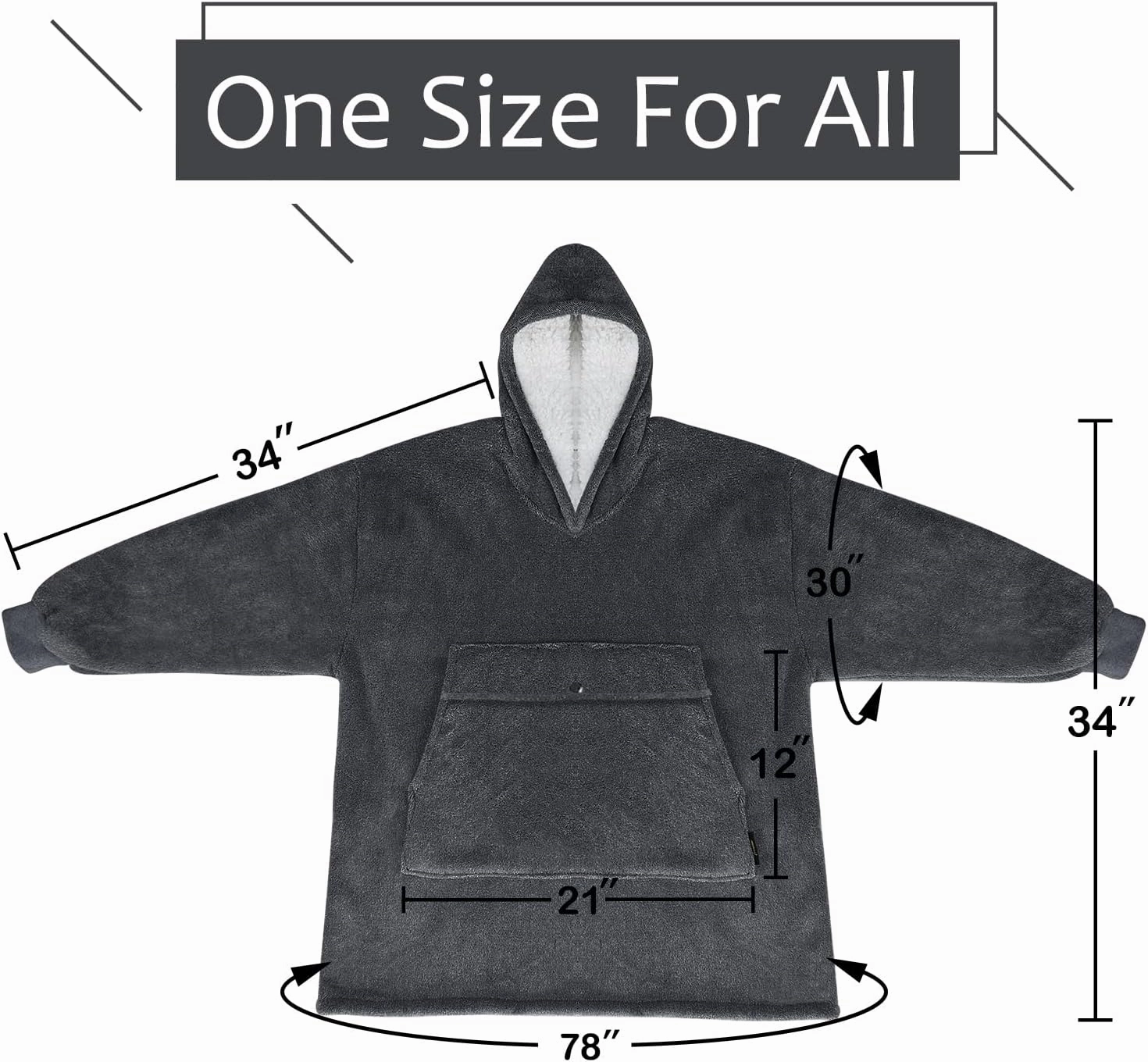 Solaris Oversized Wearable Blanket Hoodie with Pet Pocket, Warm Super Soft Cozy Sherpa Sweatshirt Hoodie for Women Men, Best Gift for Your Loves, Black Ash