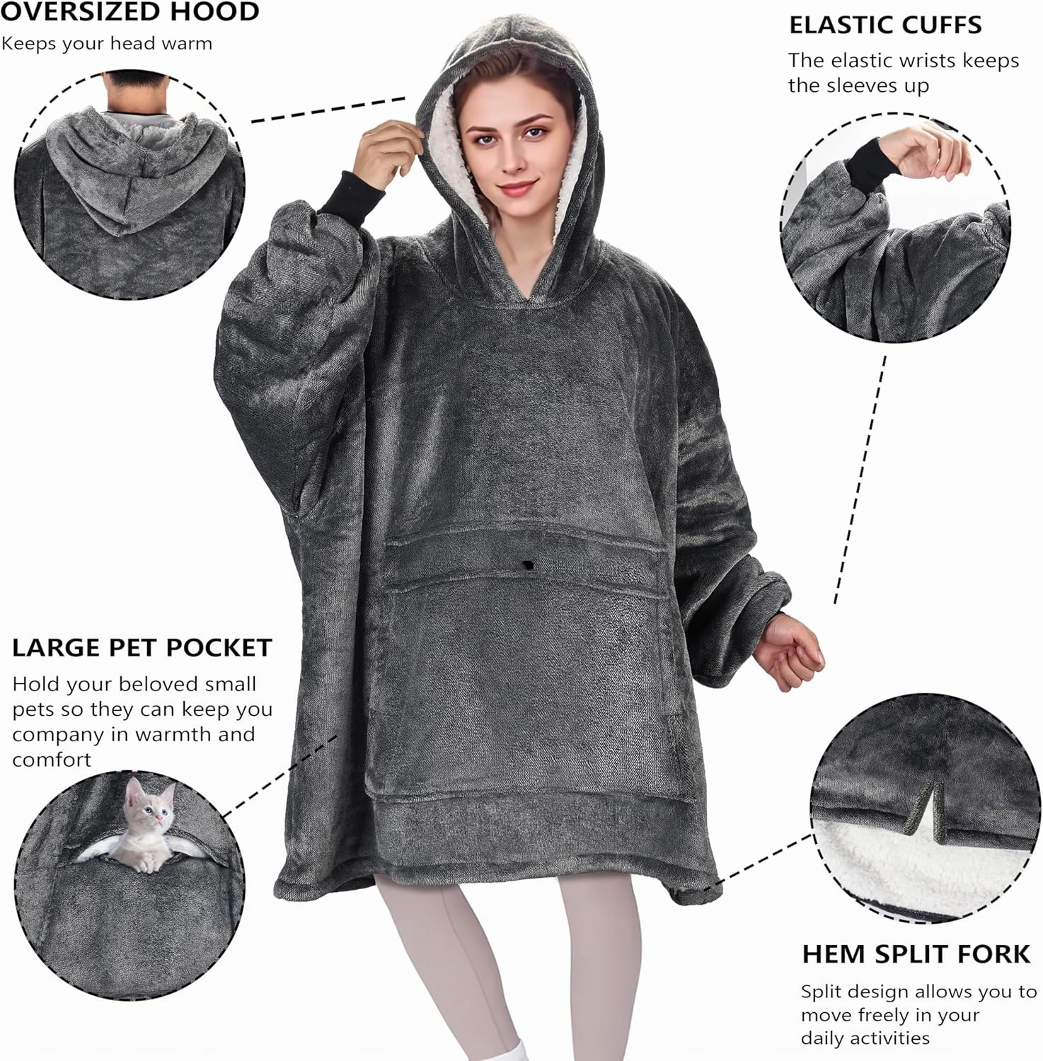 Solaris Oversized Wearable Blanket Hoodie with Pet Pocket, Warm Super Soft Cozy Sherpa Sweatshirt Hoodie for Women Men, Best Gift for Your Loves, Black Ash