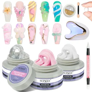 Solid Builder Gel for Nails, Clear White Pink Hard Gel for 3D Nail Art Sculpting with UV Lamp & Chrome Powder for Home DIY Salon, 18g (0.63oz)