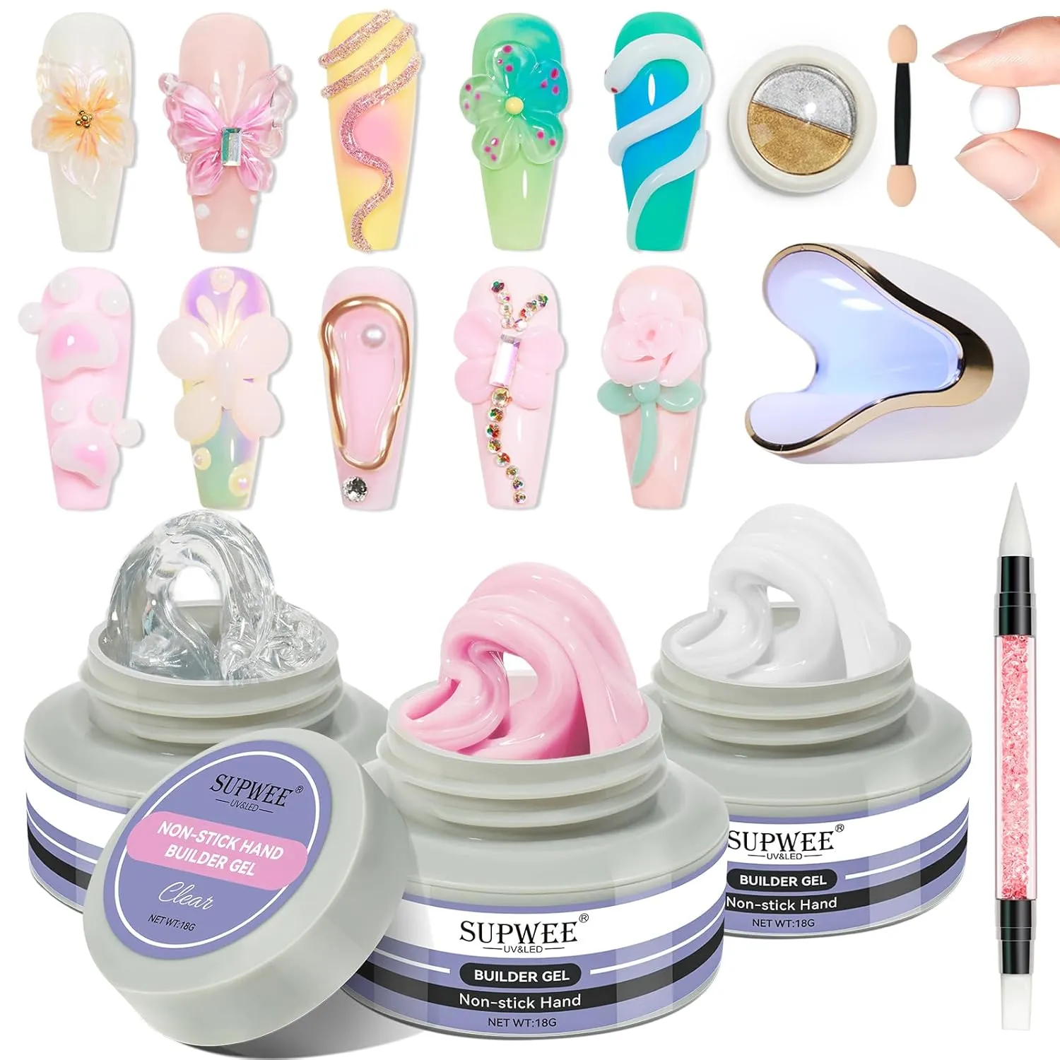 Solid Builder Gel for Nails, Clear White Pink Hard Gel for 3D Nail Art Sculpting with UV Lamp & Chrome Powder for Home DIY Salon, 18g (0.63oz)