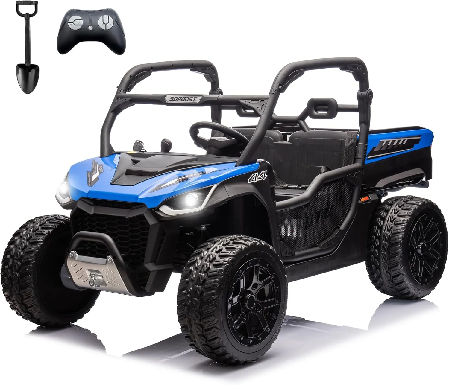 sopbost 10Ah 24V Ride On Toys for Big Kids to Drive 2 Seater Ride On Car with Remote Control Electric Vehicle Side by Side UTV with Large Dump Bed, 4x75W Motors, Blue & Black