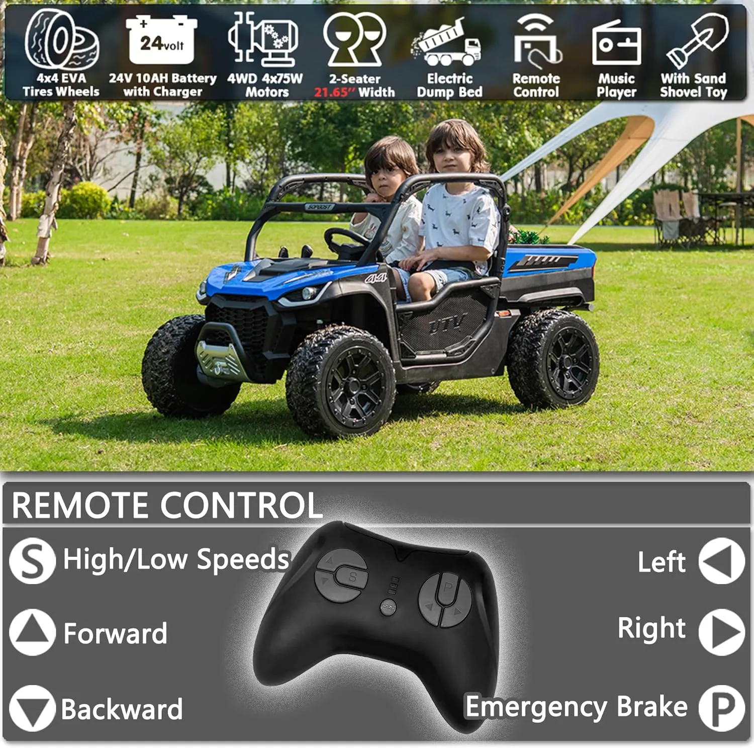 sopbost 10Ah 24V Ride On Toys for Big Kids to Drive 2 Seater Ride On Car with Remote Control Electric Vehicle Side by Side UTV with Large Dump Bed, 4x75W Motors, Blue & Black