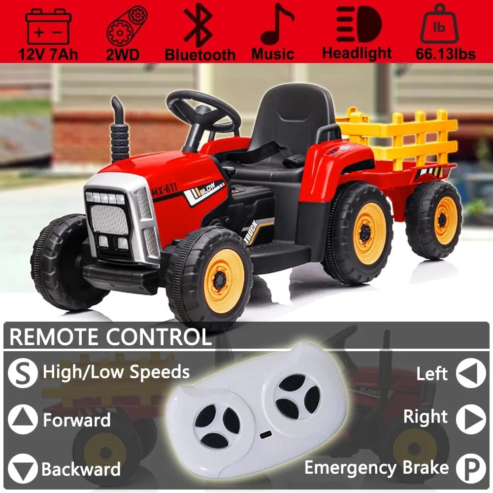 sopbost Ride On Tractor with Remote Control 12V Battery Powered Kids Electric Vehicle Ride On Car Toy with Detachable Trailer, Music Play - Red