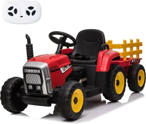 sopbost Ride On Tractor with Remote Control 12V Battery Powered Kids Electric Vehicle Ride On Car Toy with Detachable Trailer, Music Play - Red