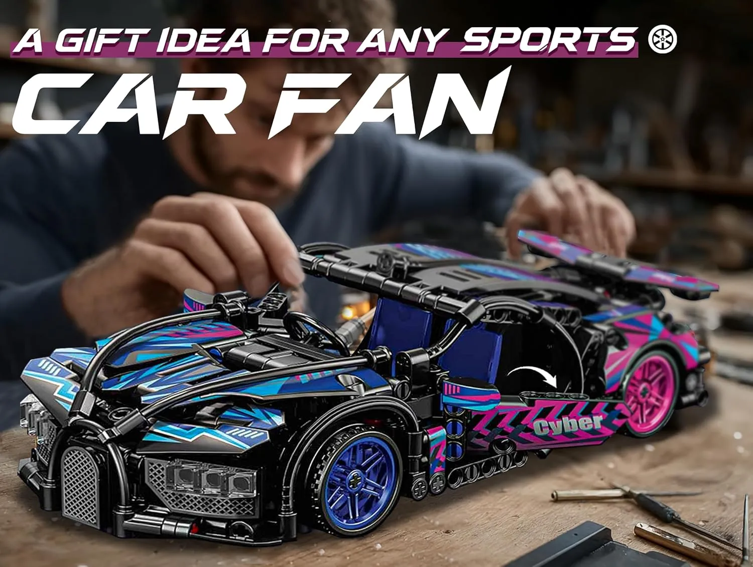 Sosuy Building-Block Race-Car Set, 1:18 Technical Model Kit 473 Pcs DIY Pull-Back Cyberpunk Toy for Boy Girl Kid Age 6  Year, Birthday Gift for Teen Adult Display, Speed Super Sports Cars Bricks Icons