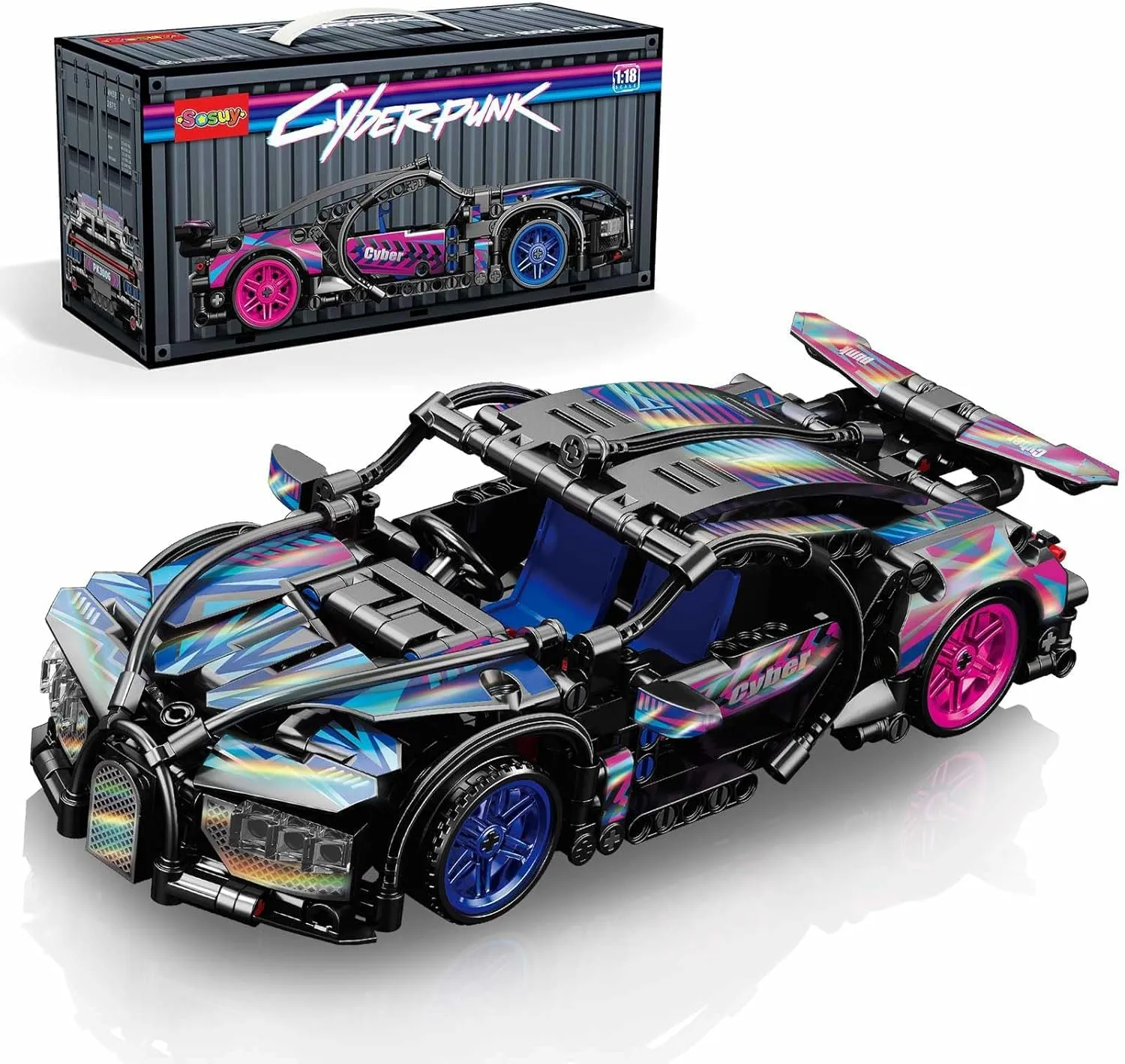 Sosuy Building-Block Race-Car Set, 1:18 Technical Model Kit 473 Pcs DIY Pull-Back Cyberpunk Toy for Boy Girl Kid Age 6  Year, Birthday Gift for Teen Adult Display, Speed Super Sports Cars Bricks Icons