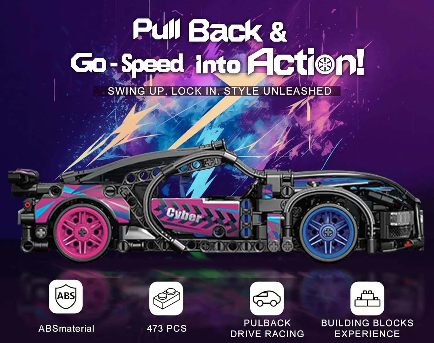Sosuy Building-Block Race-Car Set, 1:18 Technical Model Kit 473 Pcs DIY Pull-Back Cyberpunk Toy for Boy Girl Kid Age 6  Year, Birthday Gift for Teen Adult Display, Speed Super Sports Cars Bricks Icons