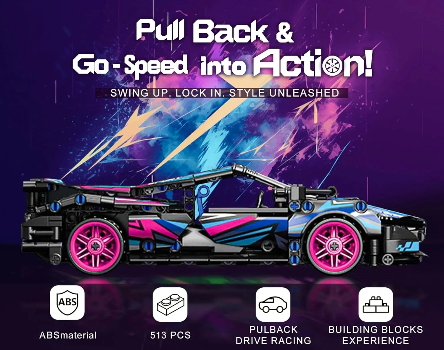 Sosuy Building-Block Race-Car Set, 1:18 Technical Model Kit 513 Pcs DIY Pull-Back Cyberpunk Toy for Boy Girl Kid Age 6  Year, Birthday Gift for Teen Adult Display, Speed Super Sports Cars Bricks Icons