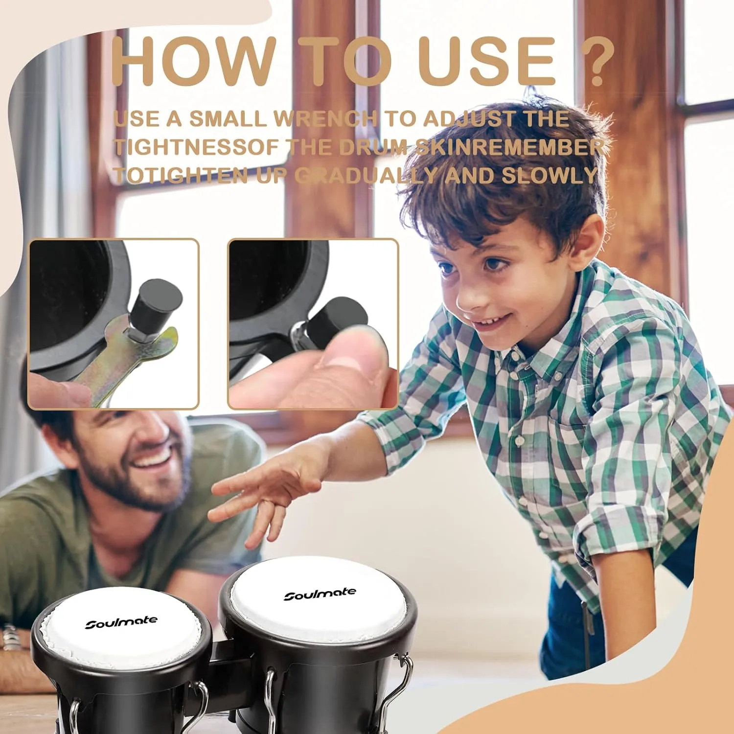Soulmate Bongo Drum Set for Kids Beginners Adults 4” and 5” Transparent Percussion Bongos Drum with Tuning Wrench, Natural Finish(Black)