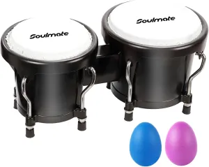 Soulmate Bongo Drum Set for Kids Beginners Adults 4” and 5” Transparent Percussion Bongos Drum with Tuning Wrench, Natural Finish(Black)