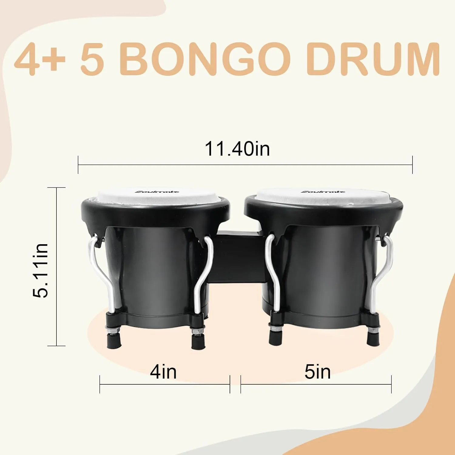 Soulmate Bongo Drum Set for Kids Beginners Adults 4” and 5” Transparent Percussion Bongos Drum with Tuning Wrench, Natural Finish(Black)