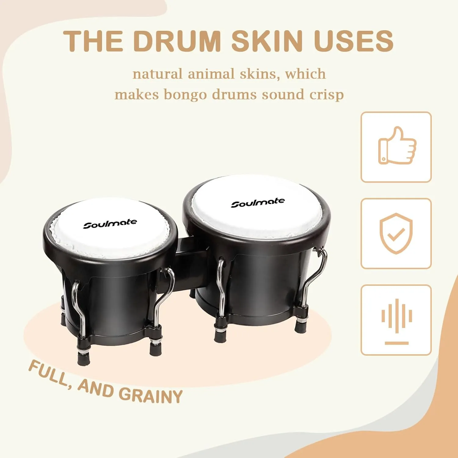 Soulmate Bongo Drum Set for Kids Beginners Adults 4” and 5” Transparent Percussion Bongos Drum with Tuning Wrench, Natural Finish(Black)