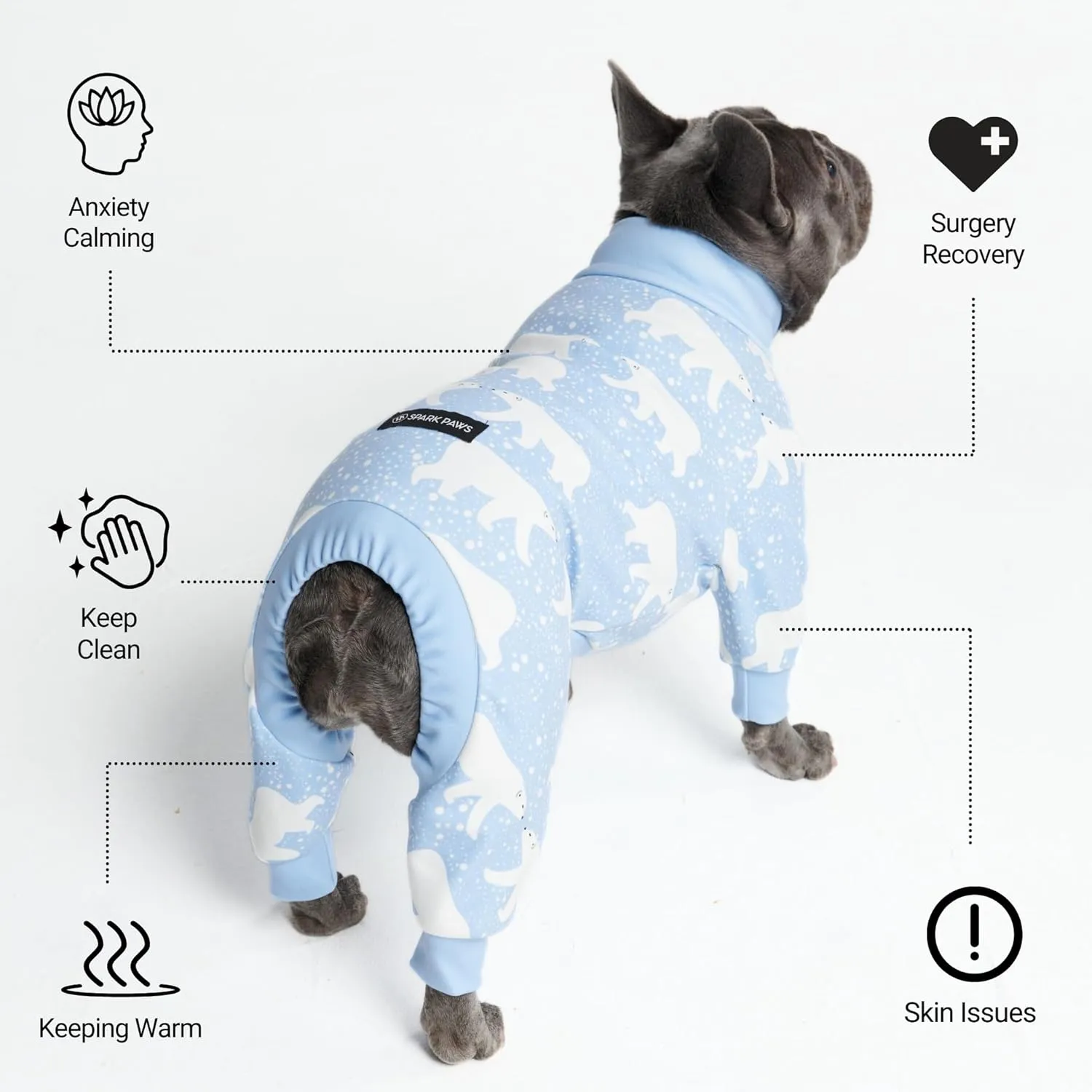 Spark Paws Dog Pajama, Ultra-Soft and 4-Way Stretch, Recovery-Suit PJ Onesie for Small, Medium and Large Breeds - Polar Bear - S