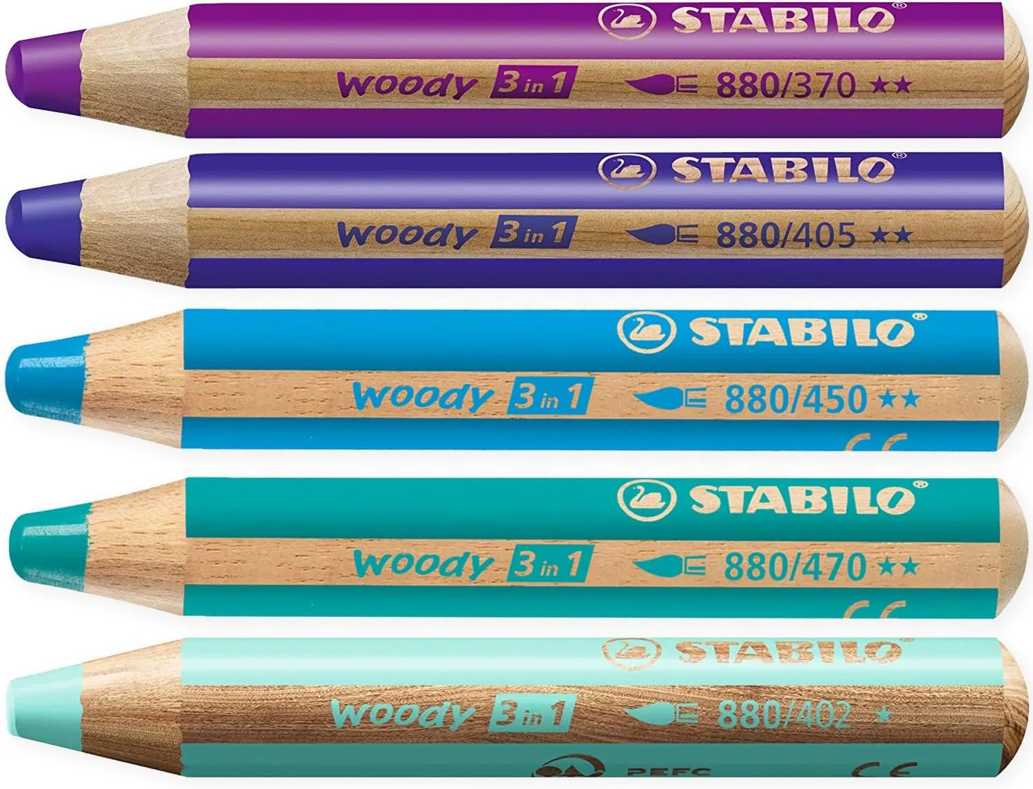 STABILO Multi-talented Pencil woody 3-in-1 - Tones Box of 5 - Violet, Ultramarine, Blue, Cyan Blue & Turquoise   Sharpener