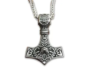Stainless Steel Bear Wolf Viking Thors Hammer Necklace Pendant - Courage and Strength Pendant Necklace Amulet Talisman -Thor Gifts for Men - Viking Necklace for Men
