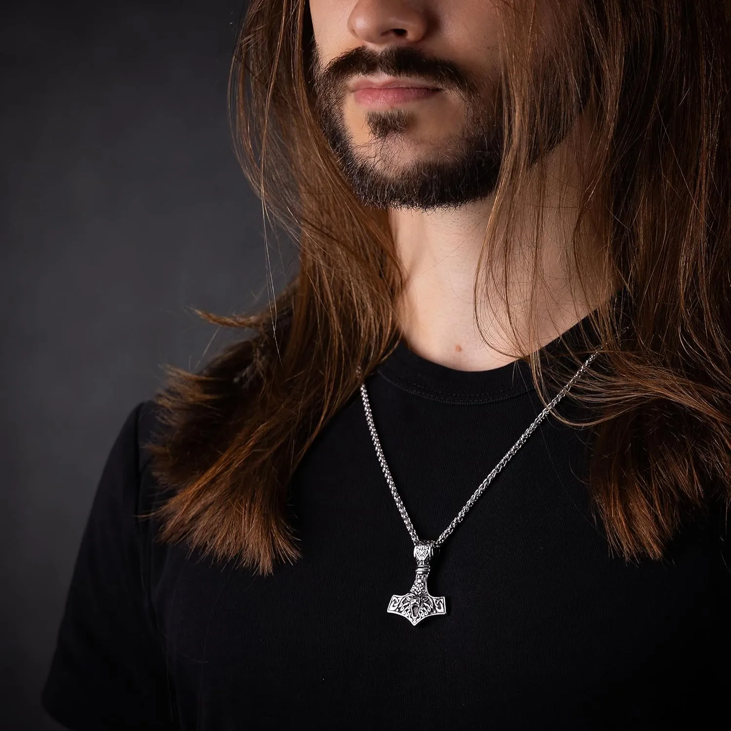Stainless Steel Bear Wolf Viking Thors Hammer Necklace Pendant - Courage and Strength Pendant Necklace Amulet Talisman -Thor Gifts for Men - Viking Necklace for Men