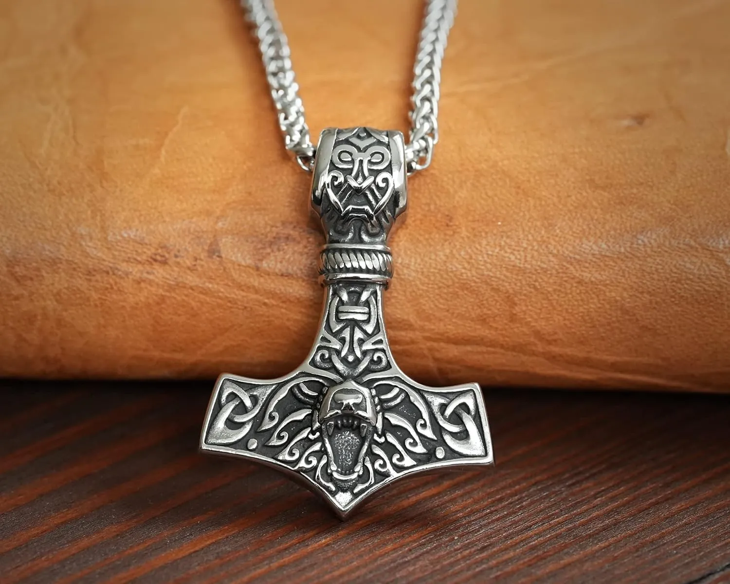 Stainless Steel Bear Wolf Viking Thors Hammer Necklace Pendant - Courage and Strength Pendant Necklace Amulet Talisman -Thor Gifts for Men - Viking Necklace for Men