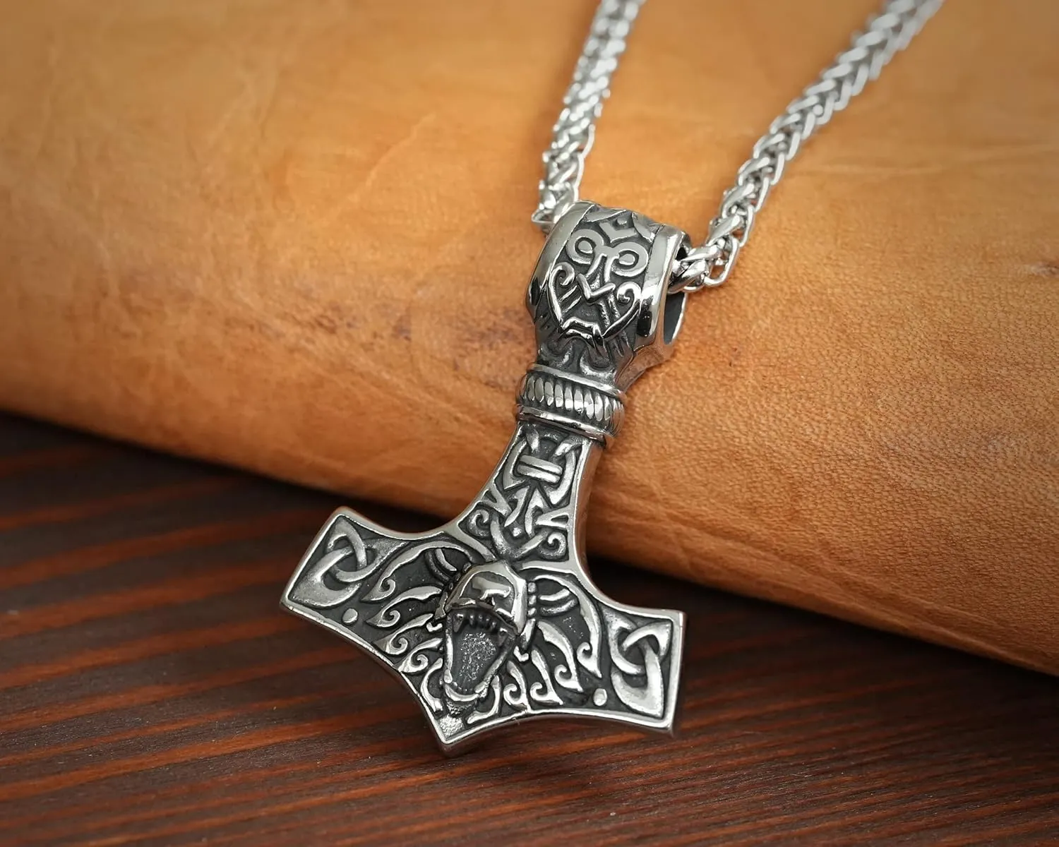 Stainless Steel Bear Wolf Viking Thors Hammer Necklace Pendant - Courage and Strength Pendant Necklace Amulet Talisman -Thor Gifts for Men - Viking Necklace for Men