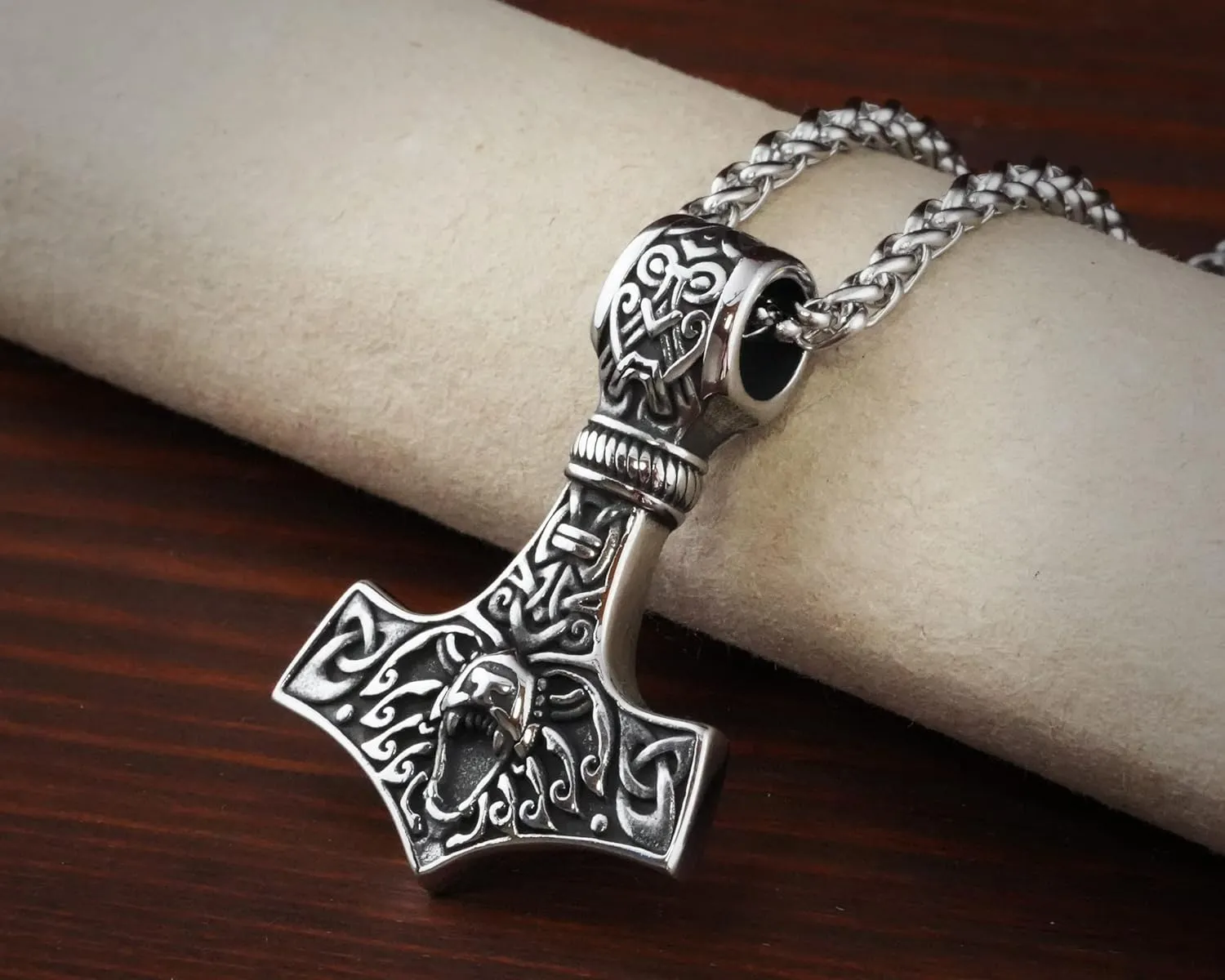 Stainless Steel Bear Wolf Viking Thors Hammer Necklace Pendant - Courage and Strength Pendant Necklace Amulet Talisman -Thor Gifts for Men - Viking Necklace for Men