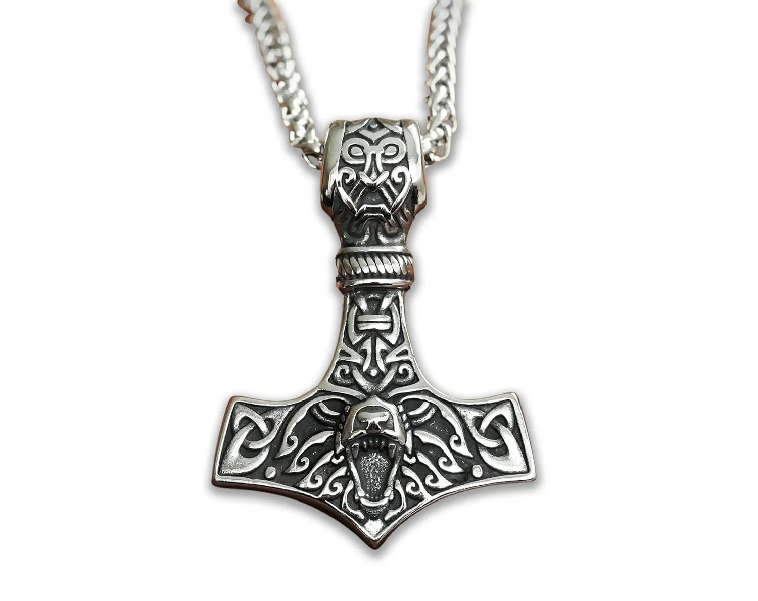 Stainless Steel Bear Wolf Viking Thors Hammer Necklace Pendant - Courage and Strength Pendant Necklace Amulet Talisman -Thor Gifts for Men - Viking Necklace for Men