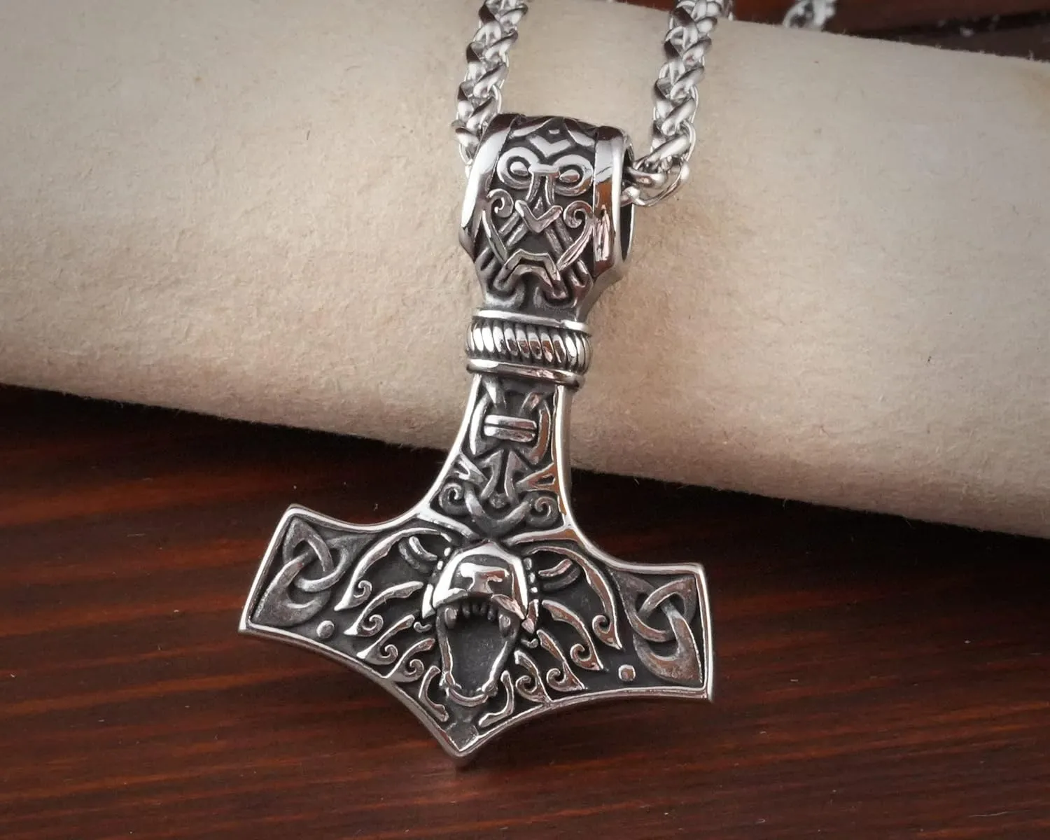 Stainless Steel Bear Wolf Viking Thors Hammer Necklace Pendant - Courage and Strength Pendant Necklace Amulet Talisman -Thor Gifts for Men - Viking Necklace for Men