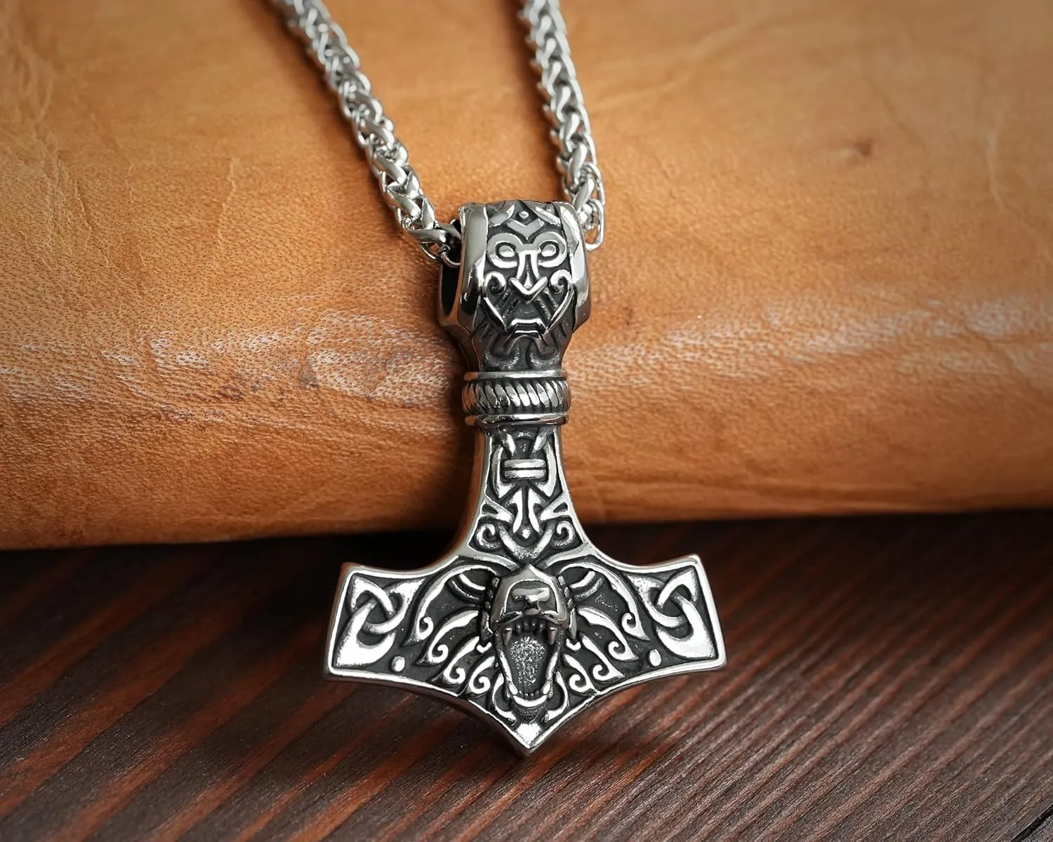 Stainless Steel Bear Wolf Viking Thors Hammer Necklace Pendant - Courage and Strength Pendant Necklace Amulet Talisman -Thor Gifts for Men - Viking Necklace for Men