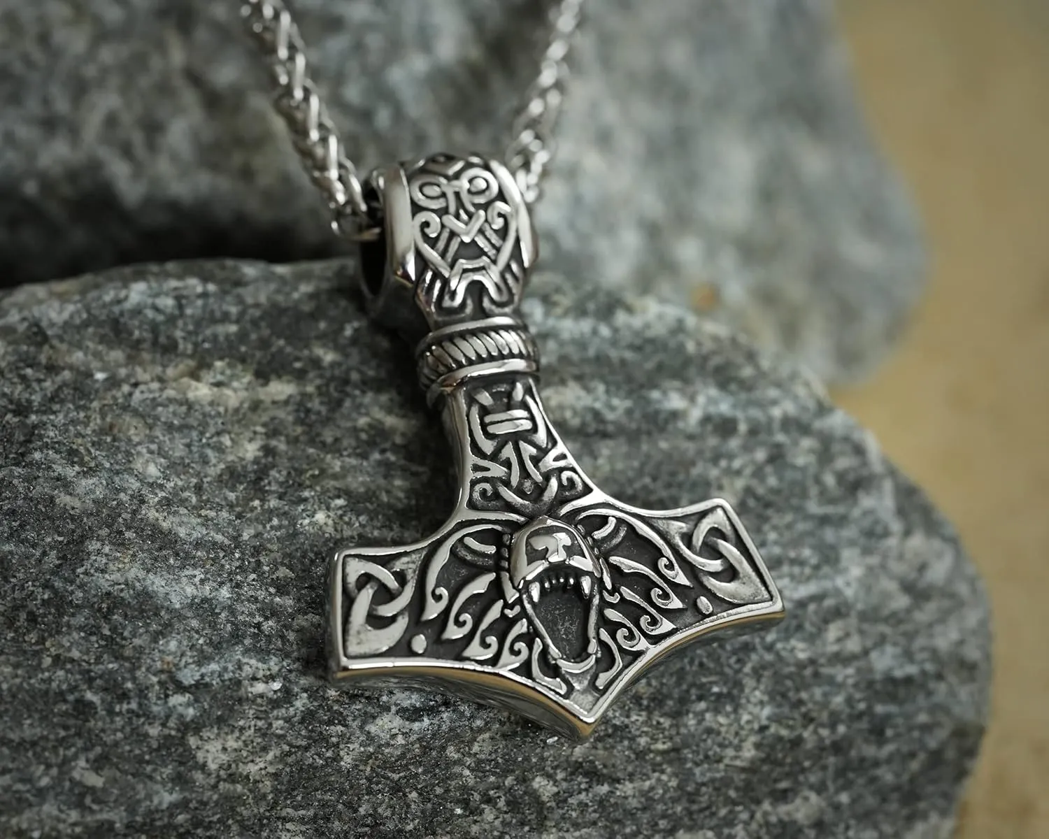 Stainless Steel Bear Wolf Viking Thors Hammer Necklace Pendant - Courage and Strength Pendant Necklace Amulet Talisman -Thor Gifts for Men - Viking Necklace for Men