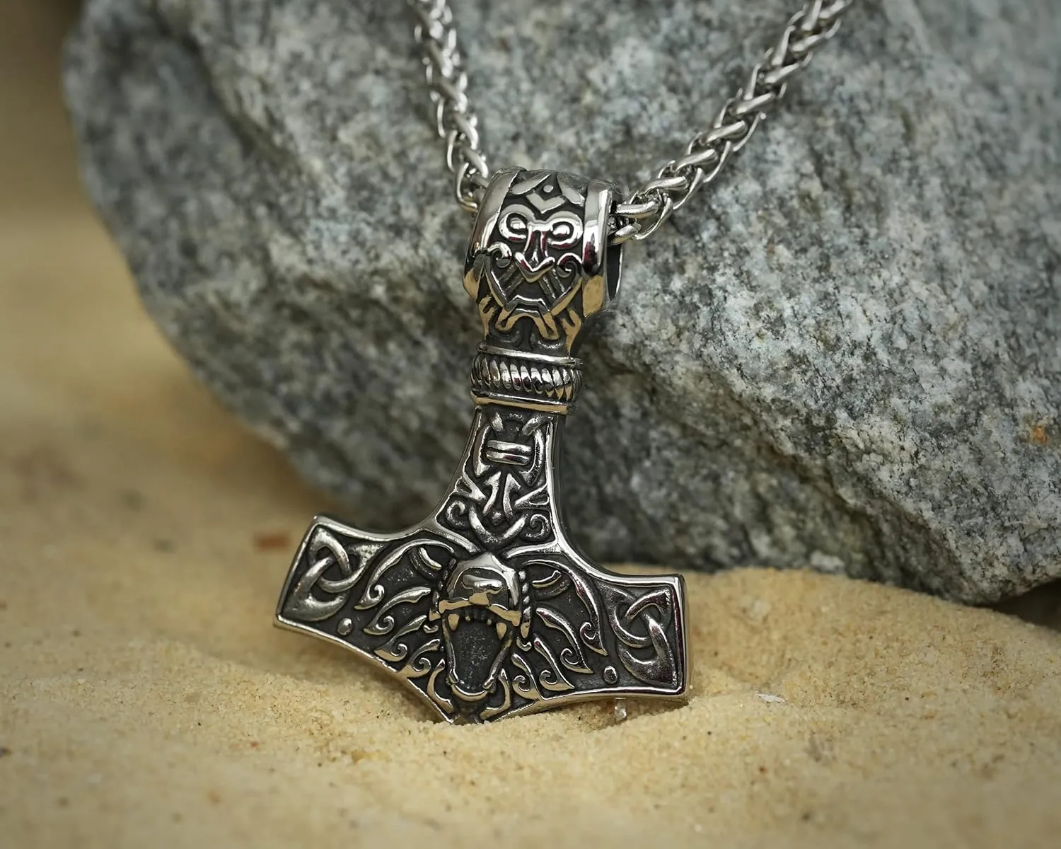 Stainless Steel Bear Wolf Viking Thors Hammer Necklace Pendant - Courage and Strength Pendant Necklace Amulet Talisman -Thor Gifts for Men - Viking Necklace for Men
