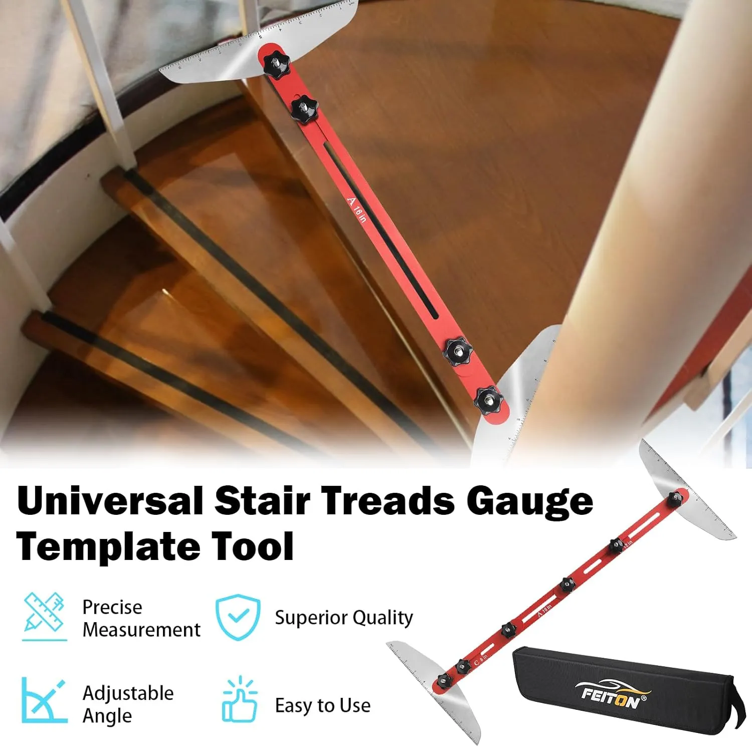 Stair Tread Template Tool with Portable Storage Bag, Stair Tread Shelf Layout Measuring Self Scribe Tool Set for Riser Partitions Self Cutting Drywall (Red) by FEITON