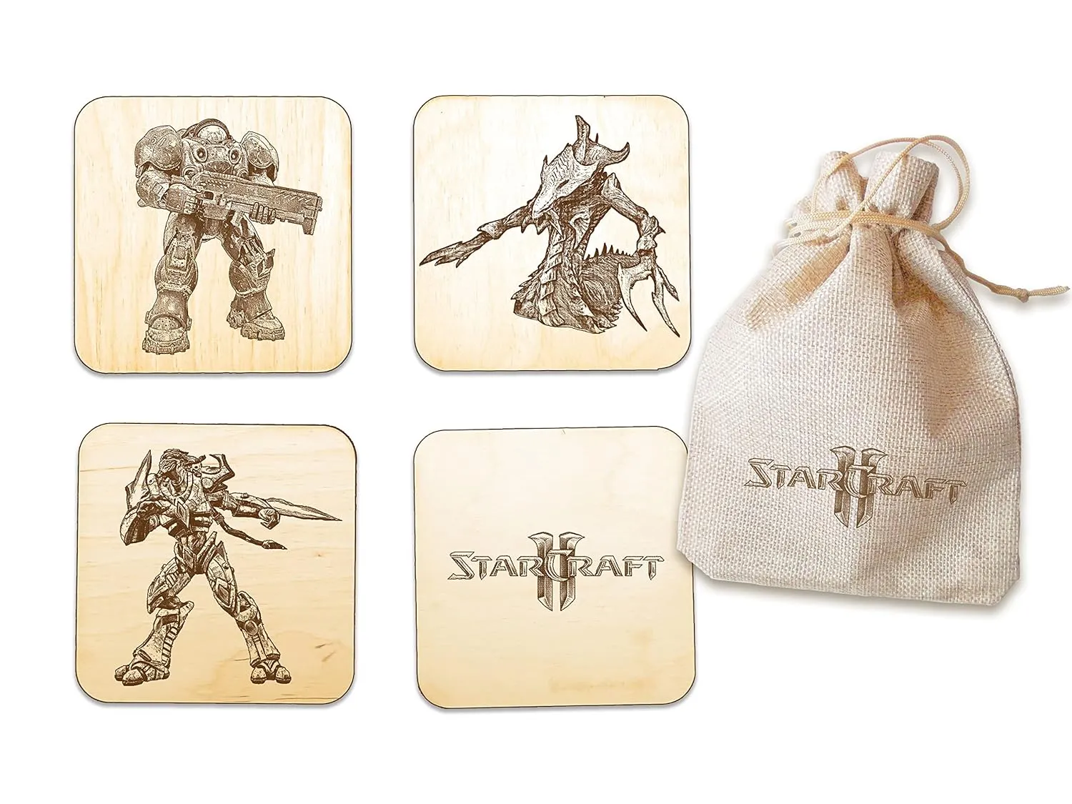 Starcraft 2 Coasters Set of 4 Terran Protoss Zerg Units Steam Gamer Fan Nerd Geek Gift Idea SC2 Gaming Drink Coasters (4 Coasters Engraved Bag)
